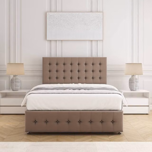 BSSPOKE Eva Single Divan Bed Set with 24 inch Headboard and Mattress in Taupe Beige Plush Velvet