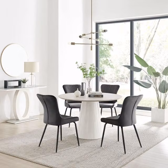 FurnitureboxUK Palma Beige Stone Effect Round Dining Table and 4 Nora Black Leg Chairs in Dark Grey
