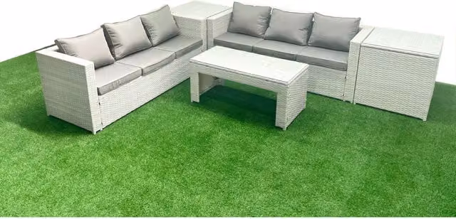 Fimous 6-Seater Rattan Garden Sofa Set with Oblong Coffee Table in Light Grey Mixed