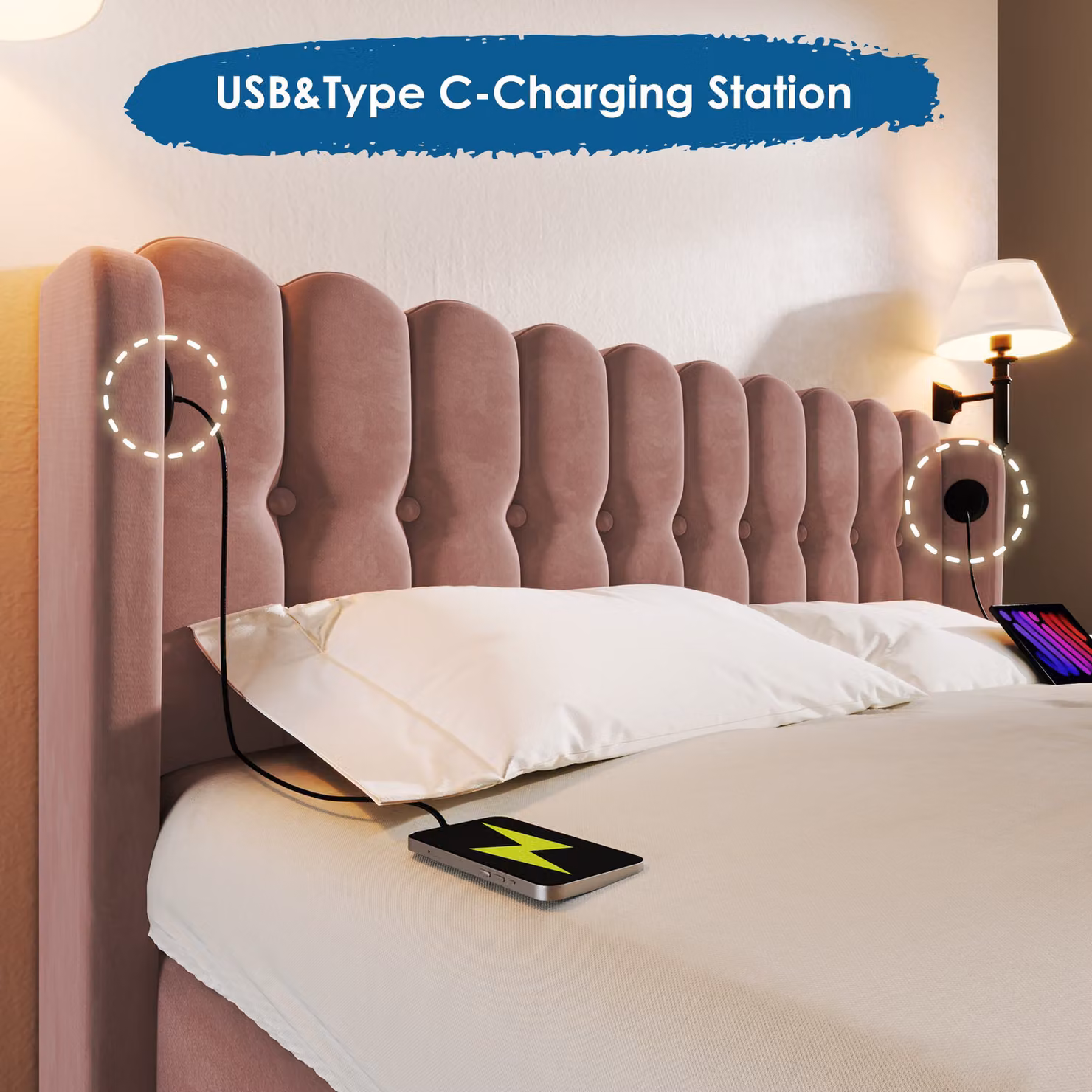 Aosom UK Pink Upholstered Velvet Double Bed with USB and Type-C Charging Ports and Wooden Slatted Frame, W/D/H: 140 x 200 cm – 4