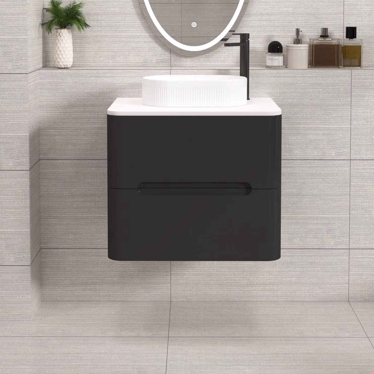 Royal Bathrooms Venice 600mm Wall Hung Vanity Unit in Matt Nocturne Black with 2 Drawers, Plain White Worktop and Lyon Basin