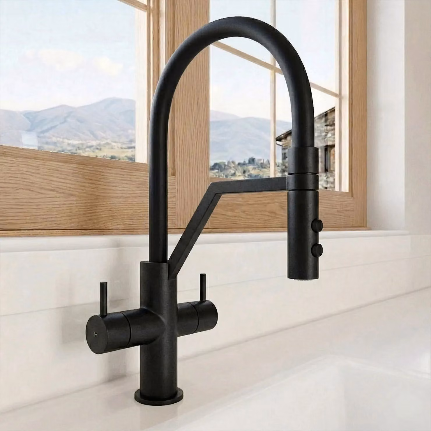 Balterley Rana Kitchen Mono Mixer Tap with Curved Swivel Spout and Dual Lever, Matt Black, H 25.8 cm, W 43.6 cm, D 22.0 cm – 4