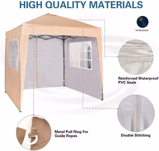 MCC Direct Pop Up Gazebo with Sides, Beige, W/D/H: 200 x 200 x 200 cm