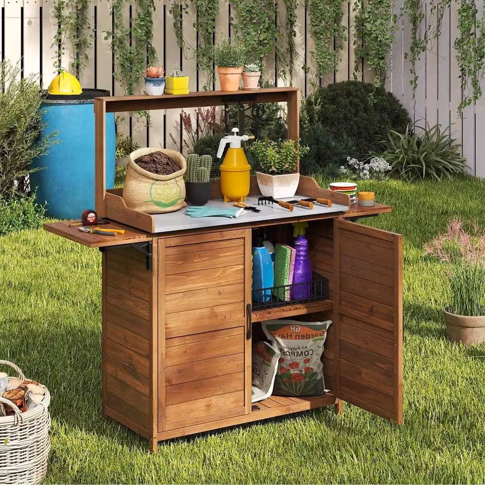 FLAVORA Rustic Brown Outdoor Potting Bench Wood and Metal Tabletop, W: 100 cm, D: 15 cm – 2