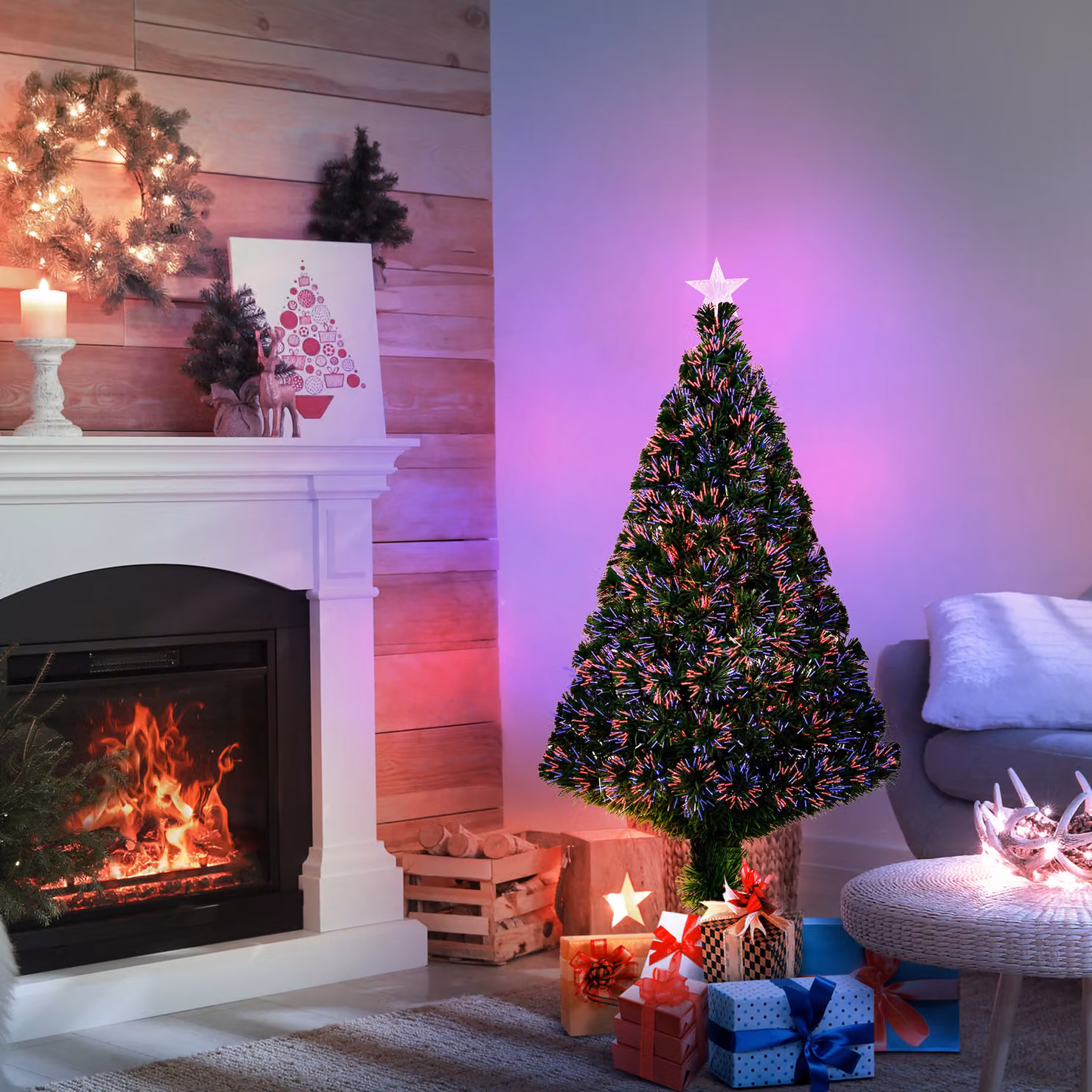 HOMCOM Pre-Lit LED Artificial Christmas Tree with Metal Base, Height: 1.2 m – 2