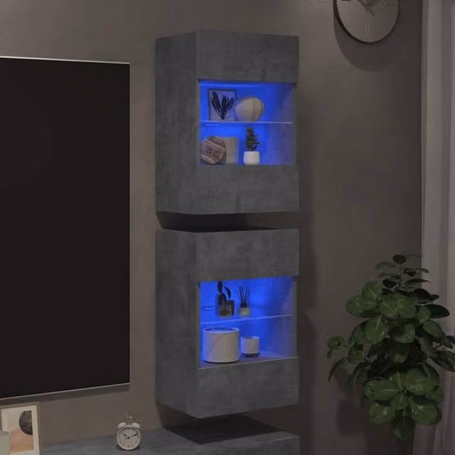 Berkfield Home Set of 2 Modern TV Wall Cabinets with LED Lights in Concrete Grey, W: 40 cm, D: 30 cm, H: 60.5 cm – 1