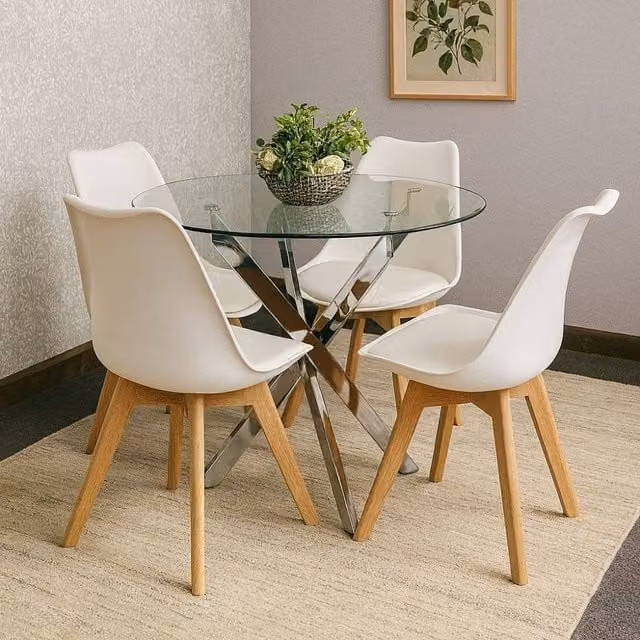 Kosy Koala Modern Round Glass Dining Table Set with 4 Cream Plastic Chairs, W/D/H: 90 x 90 x 75 cm
