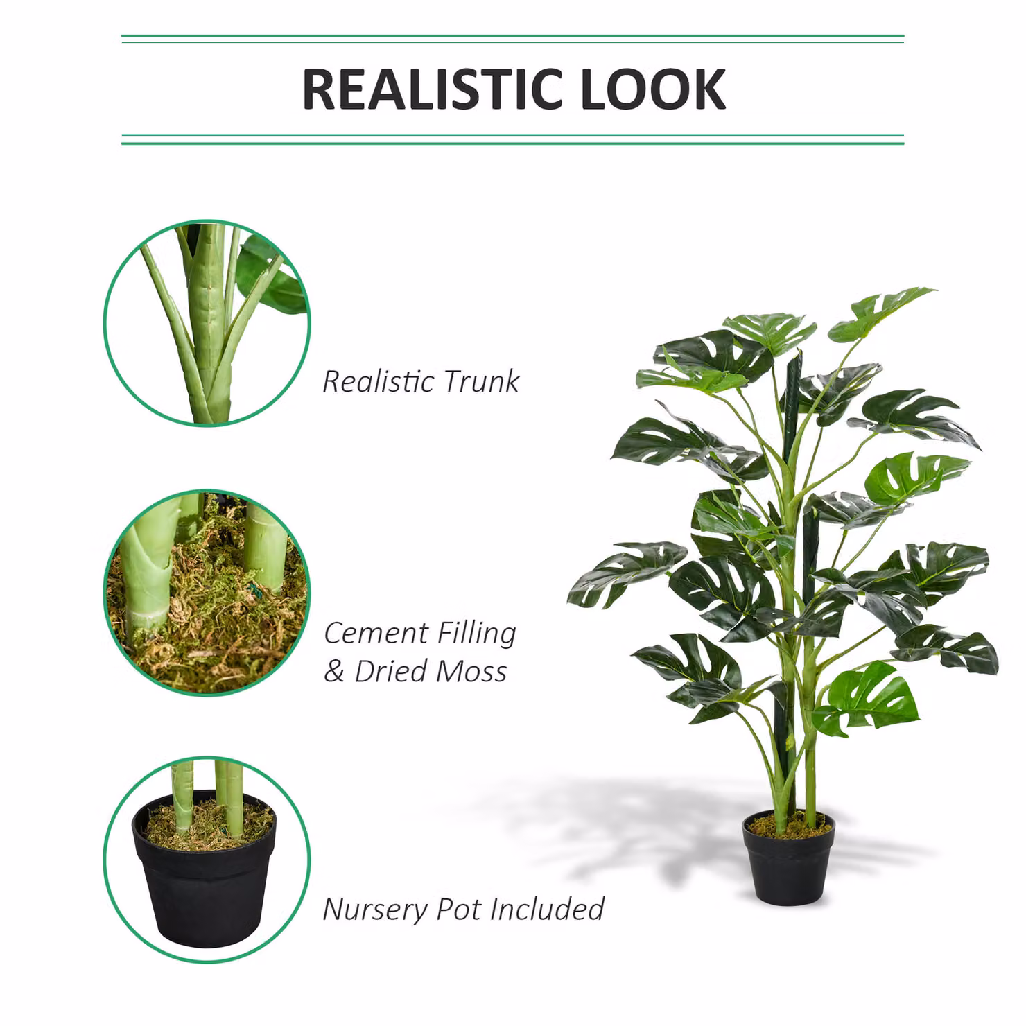 Outsunny Artificial Monstera Delight Cheese Plant with 21 Lush Leaves in a Green Nursery Pot for Indoor or Outdoor Use – 3