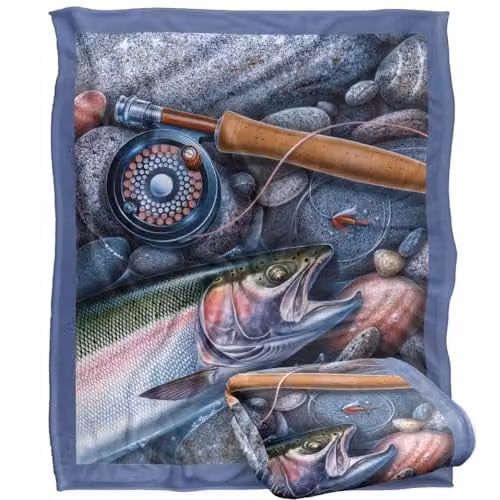 JQ Licensing Trout Fishing Reel Silky Touch Super Soft Microfibre Throw Blanket, White, W/D: 152 x 127 cm – 1