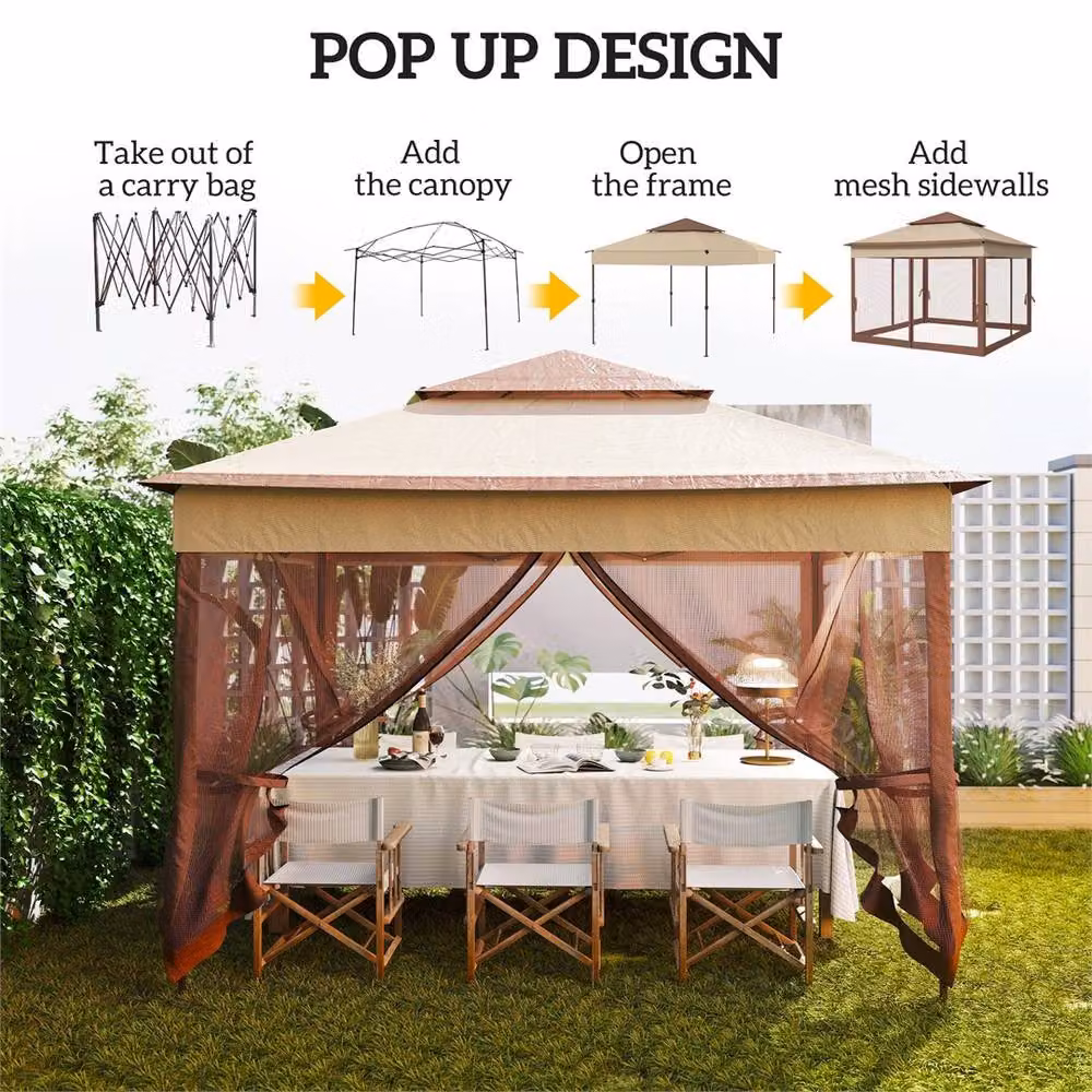 SPETLEK Metal Garden Canopy Tent Shelter in Beige, W: 300 cm, D: 300 cm, H: 270 cm – 2