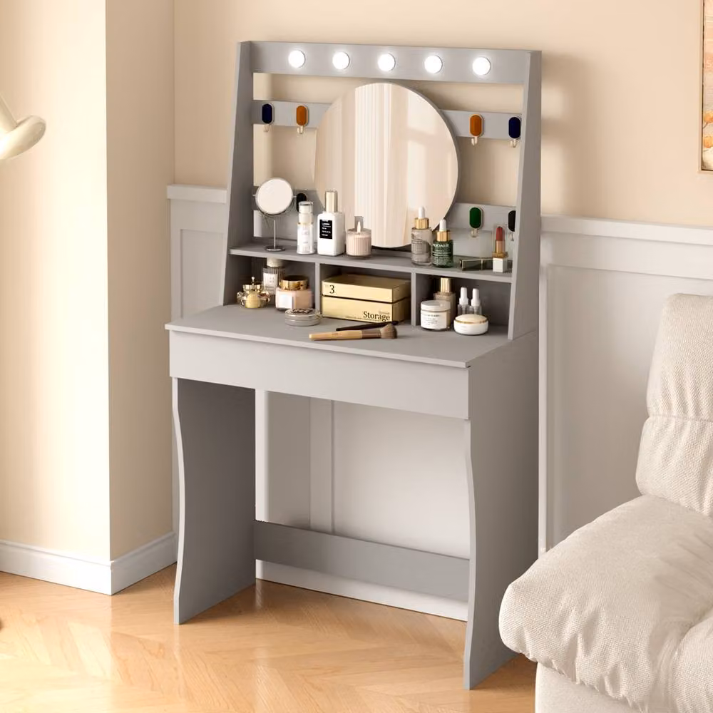 KEEPREAPER Modern Grey Dressing Table with Hollywood LED Lights – 6