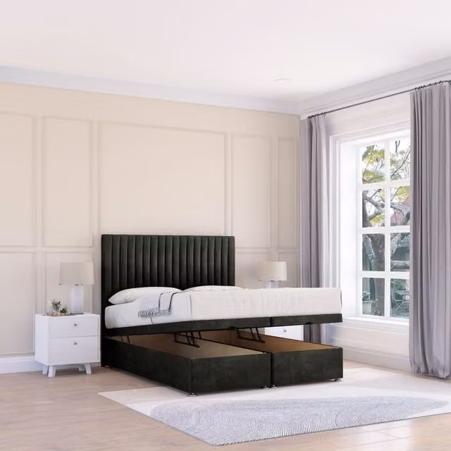 Sloomy Manhattan Dumfries Double Fabric Ottoman Bed in Black with Hybrid Memory Mattress and 26 Inch Strut Headboard, W/D/H: 140 x 200 cm