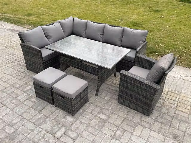 Fimous Outdoor Rattan Garden Furniture Set in Dark Grey with Rectangular Dining Table, Corner Sofa, Armchair and 2 Footstools