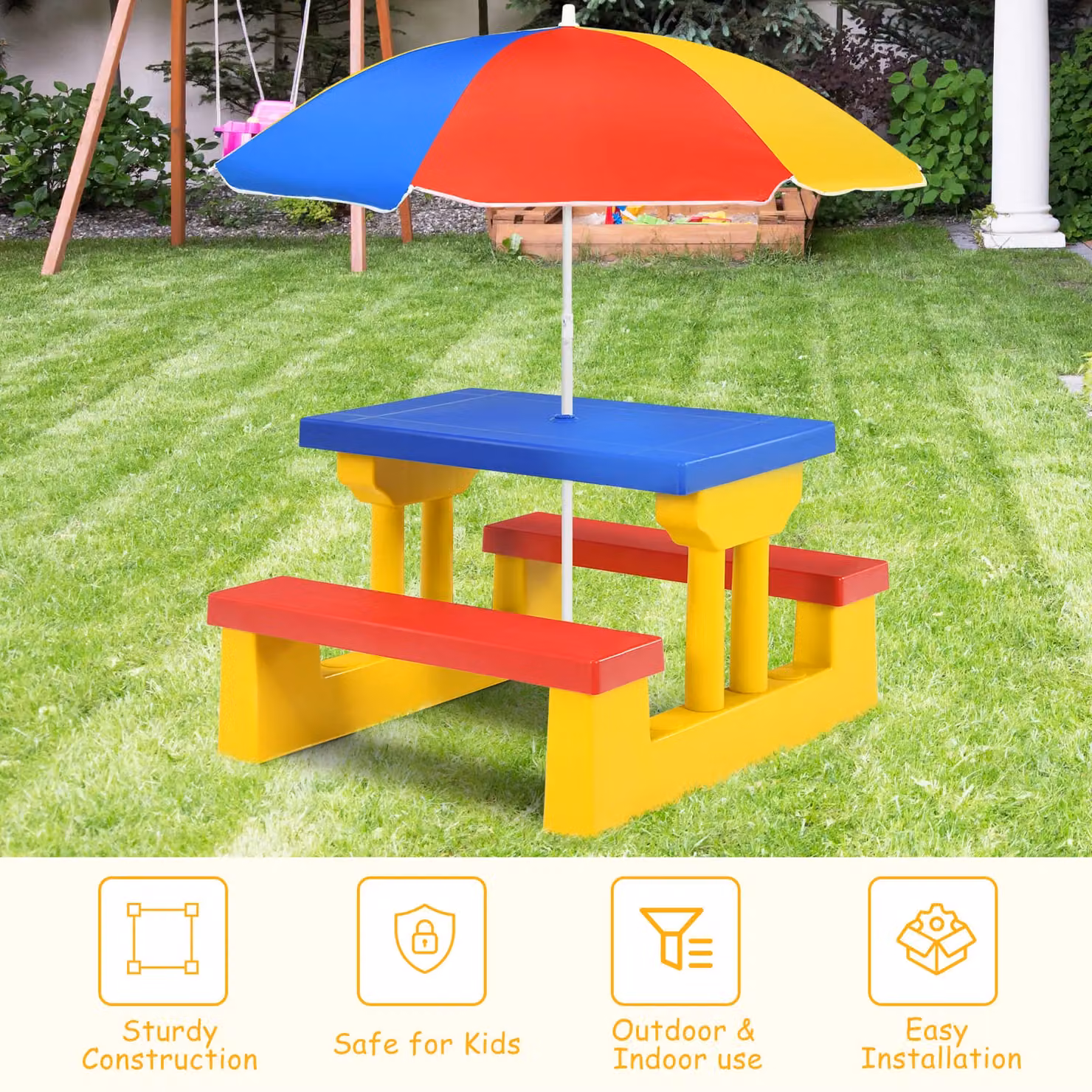 Costway Kids Picnic Table and Benches Set in Multicolour Plastic for Indoor and Outdoor Use – 4