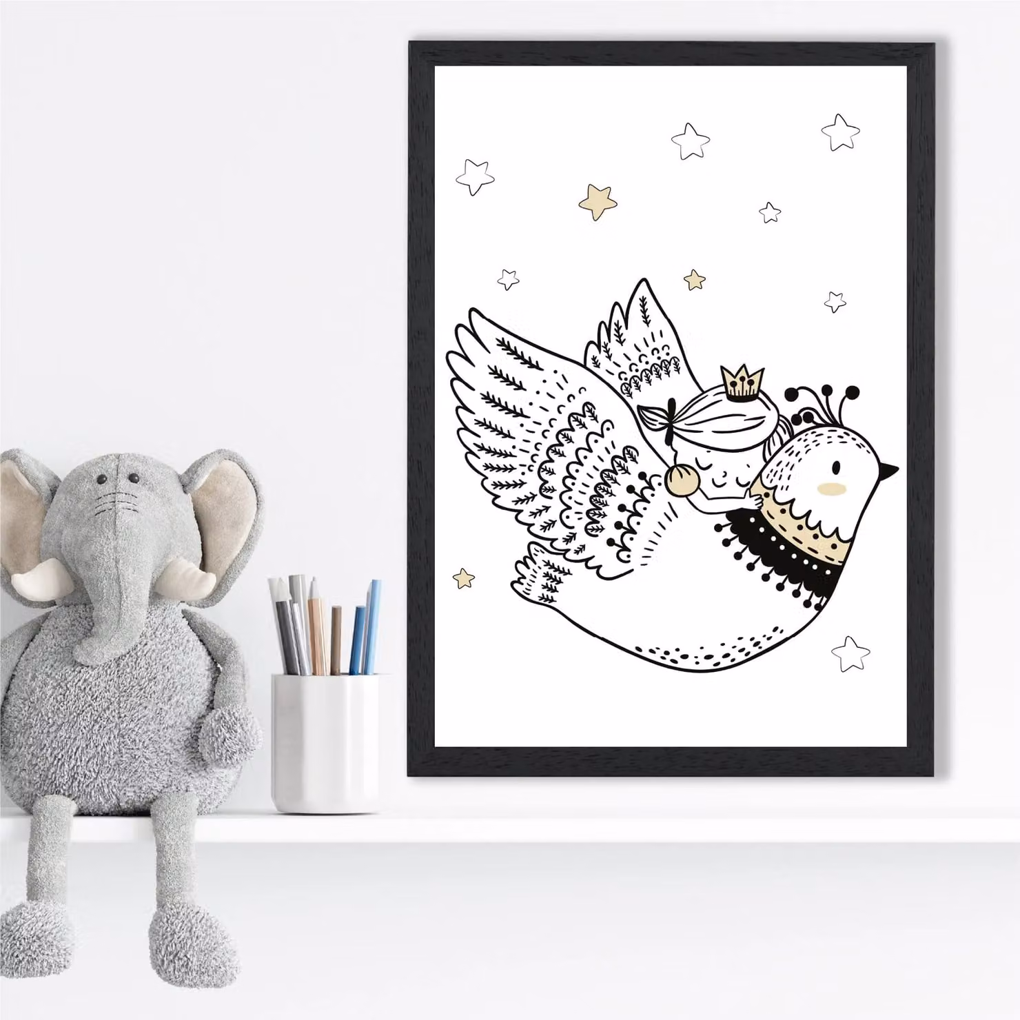 ARTZE Scandi Princess Little and Flying Bird Framed Illustration in Black – 2