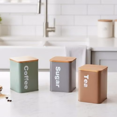 Almineez Set of 3 Stainless Steel Tea Coffee Sugar Canisters with Airtight Bamboo Lids, Multicolour – 1