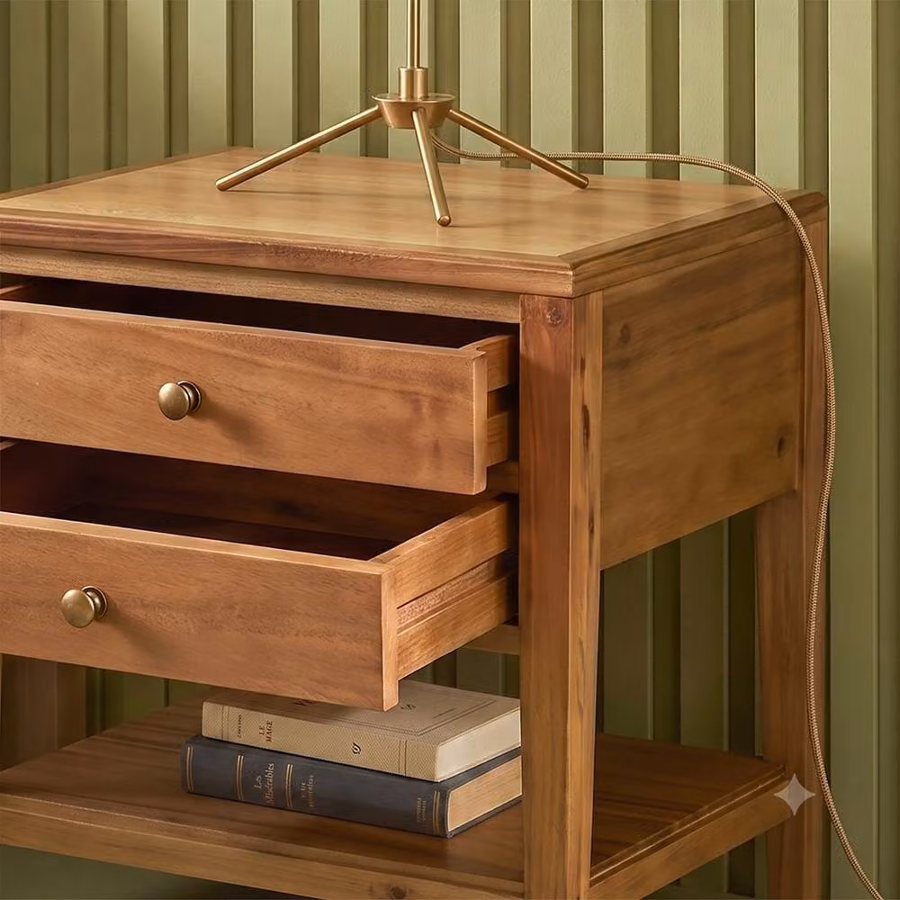 CALICOSY Bedside Table with 2 Drawers in Aged Solid Acacia Wood, Stone Dark Brown, W/D/H: 40 x 50 x 60 cm – 2