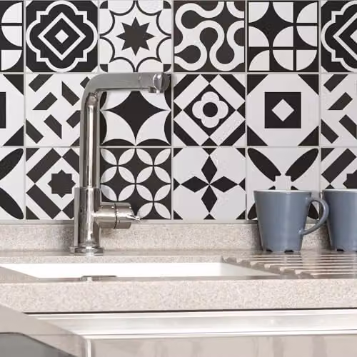 WALPLUS 24 Pcs Geometric Square Tile Stickers, Black and White Self-Adhesive Vinyl Backsplash, 15 cm – 4