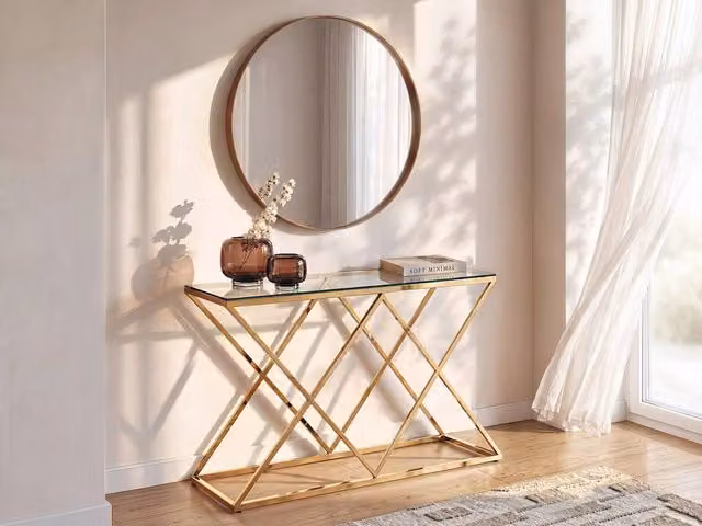 Vente-unique Charlotte Tempered Glass and Steel Console Table in Gold and Clear, W/D/H: 78 x 40 x 40 cm – 1