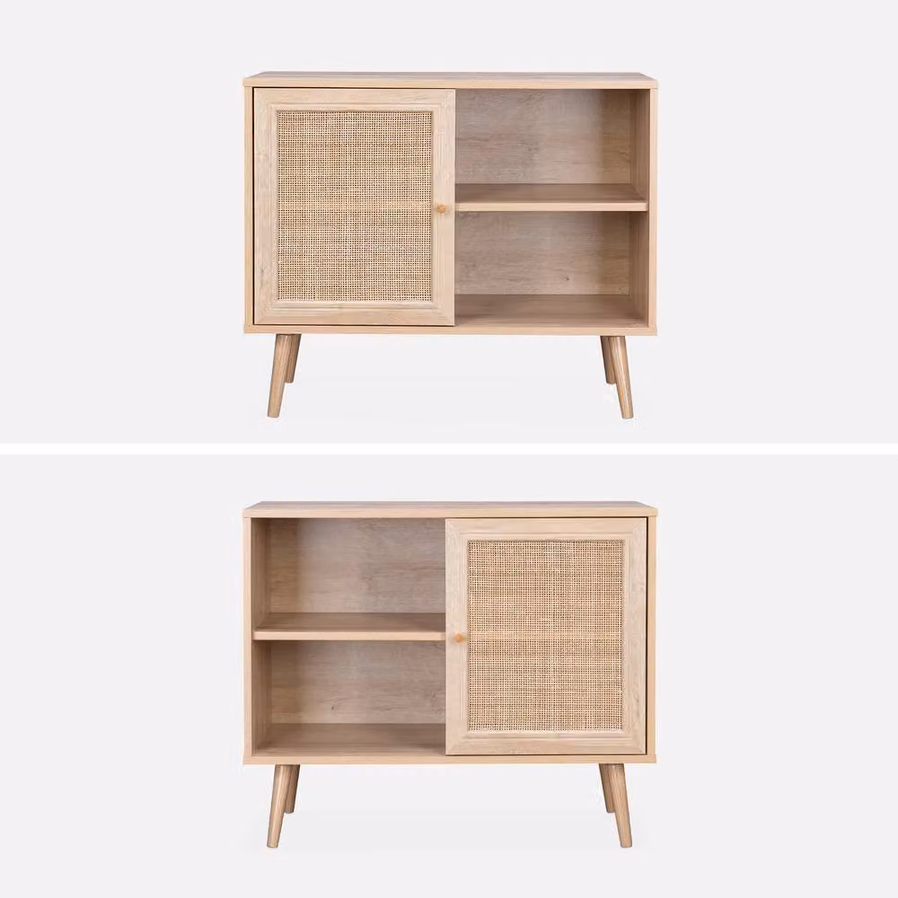 sweeek Scandi-style Storage Cabinet with Wood and Cane Rattan in Light Brown, Width: 80 cm – 2