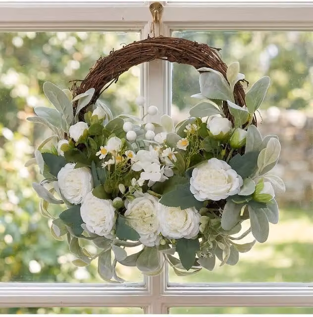 Living and Home Round Rattan Artificial Peony Flower Wreath in Green and White – 1
