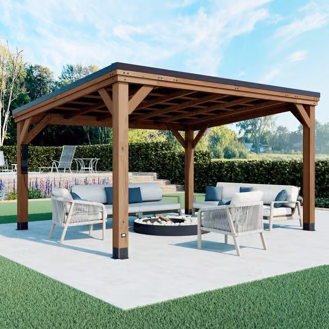 Backyard Discovery Arcadia Rustic Brown Cedar Wood Outdoor Patio Gazebo with Gable Roof, Width: 255.02 cm