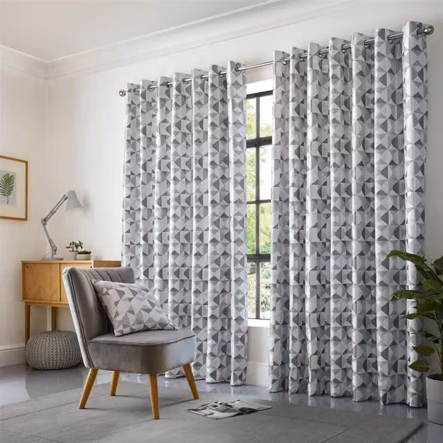Livinluxury Scandi Graphic Eyelet Top Curtains in Silver and Grey, W: 228 cm, H: 117 cm