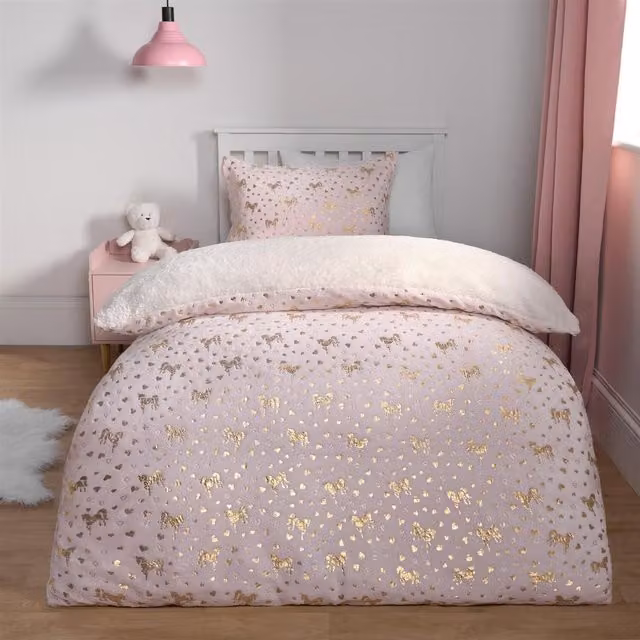 OHS Metallic Hearts Fleece Duvet Cover Set, Pink and Gold, 140 x 200 cm