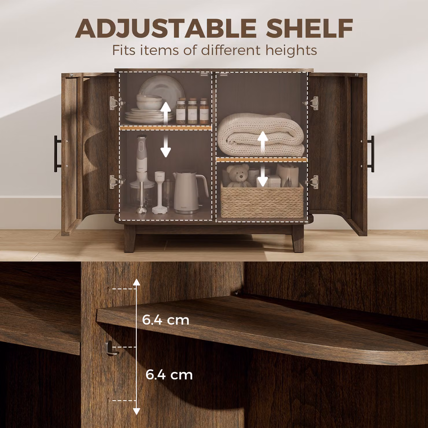 HOMCOM Sideboard Buffet Cabinet in Dark Walnut with 2 Curved Doors and Adjustable Shelf for your Dining Room or Living Room, W: 72.5 cm, D: 40 cm, H: 80 cm – 4