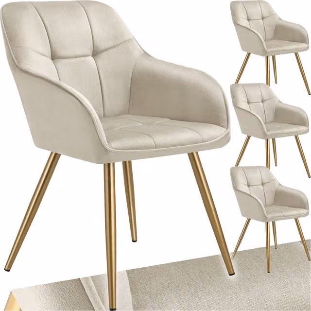Tectake Modern Upholstered Dining Chair in Beige Velvet with Metal Frame
