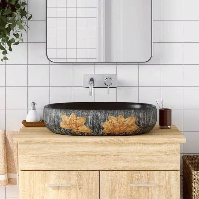 Berkfield Home Oval Ceramic Countertop Basin in Grey and Black, W: 59 cm, D: 40 cm, H: 14 cm