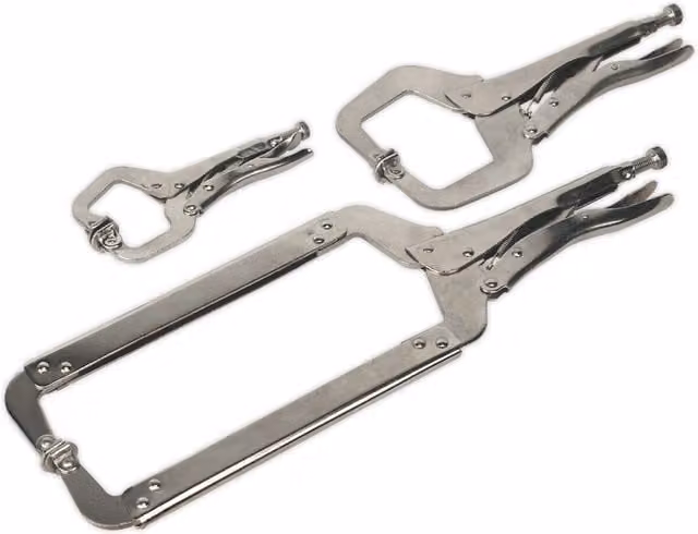 Loops 3 Piece Set of Locking C-Clamp Pliers in Silver Nickel Plated Steel