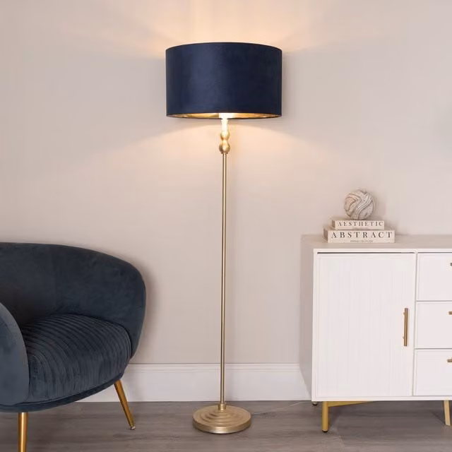 ValueLights Maggie Gold Candlestick Floor Lamp with Blue Velvet and Gold Inner Shade