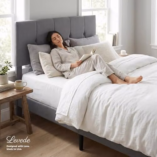 Levede Upholstered Fabric Bed Frame with Headboard in Grey, W/D/H: 180 x 150 x 200 cm – 7