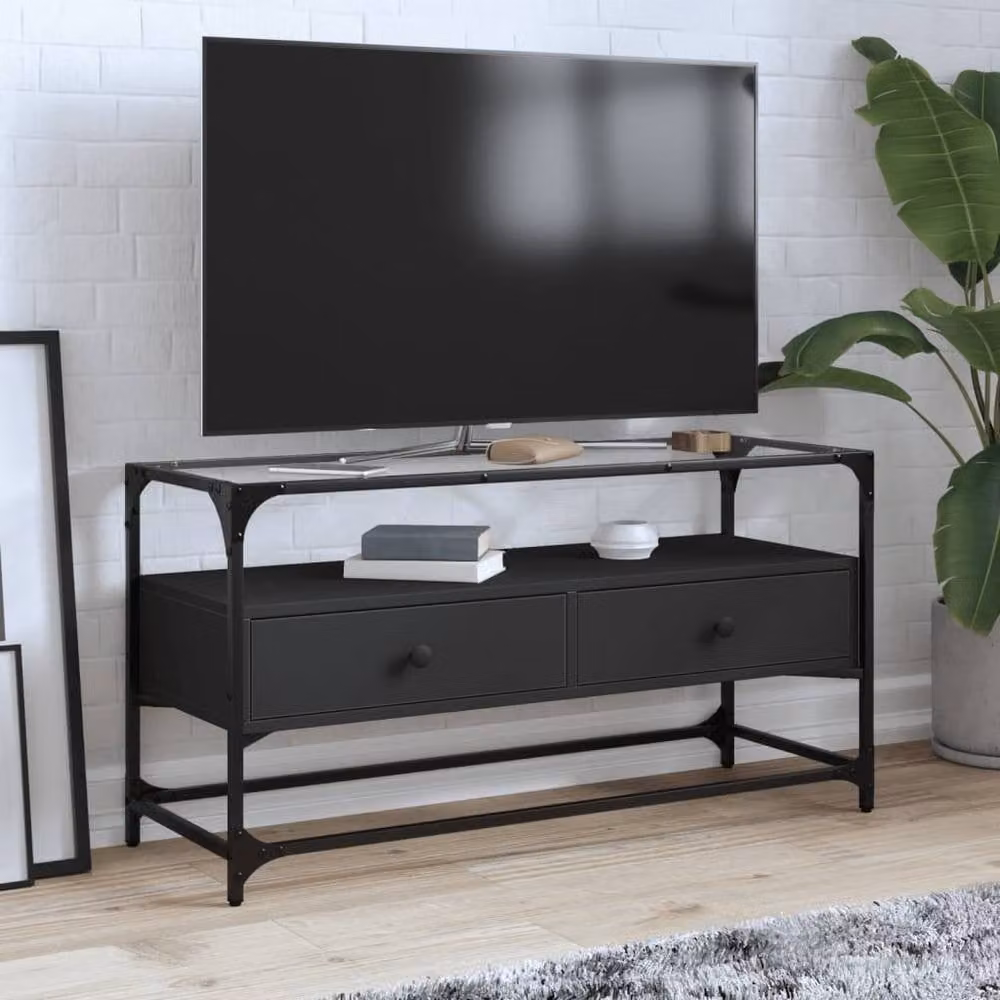 Berkfield Home Industrial TV Cabinet with Glass Top in Black, W/D/H: 98 x 35 x 51 cm – 2