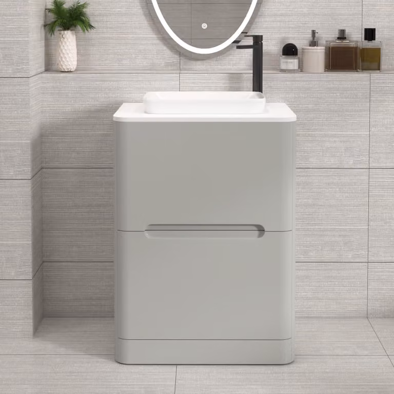 Royal Bathrooms Venice 600mm Floor Standing Vanity Unit in Dove Grey with 2 Drawers, Plain White Worktop and Qubix Basin