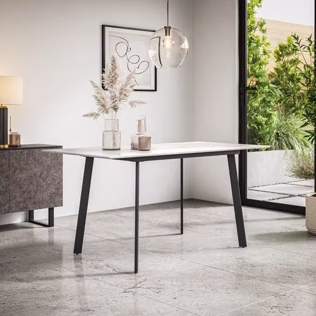 More4Homes Haydon Extendable Rectangular Dining Table with White Marble Top and Black Metal Legs, 4-6 Seater
