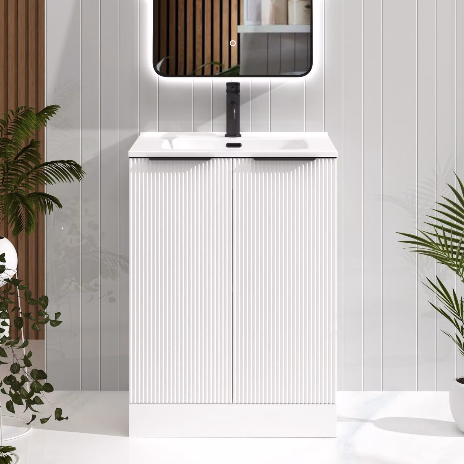 Royal Bathrooms Evora 700mm Matt White Fluted Floor Standing 2 Door Vanity Unit with Ceramic Basin and Matt Black Handles