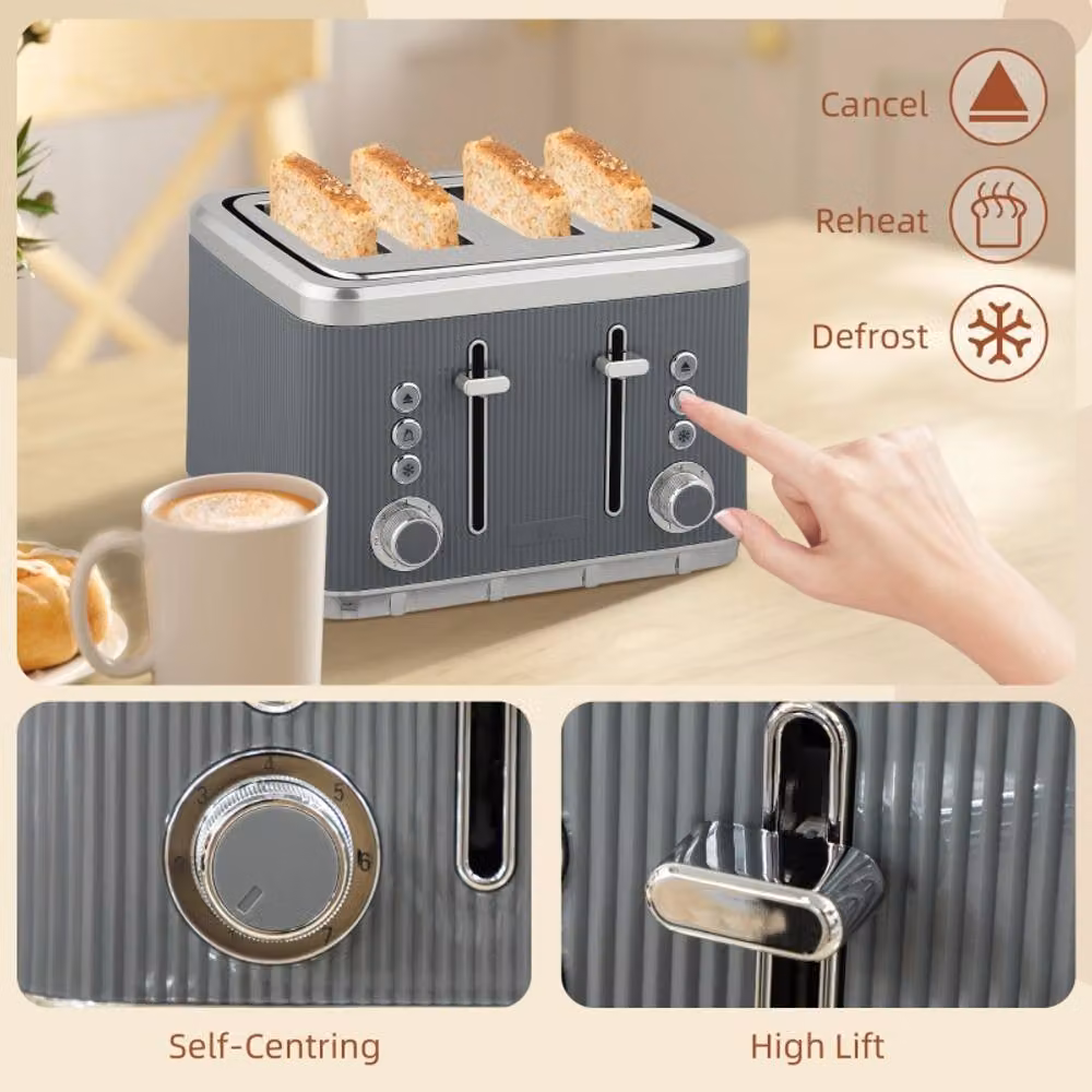 Rolipo Grey and Silver Stainless Steel Kettle 1.7L and 4 Slice Toaster Set – 3