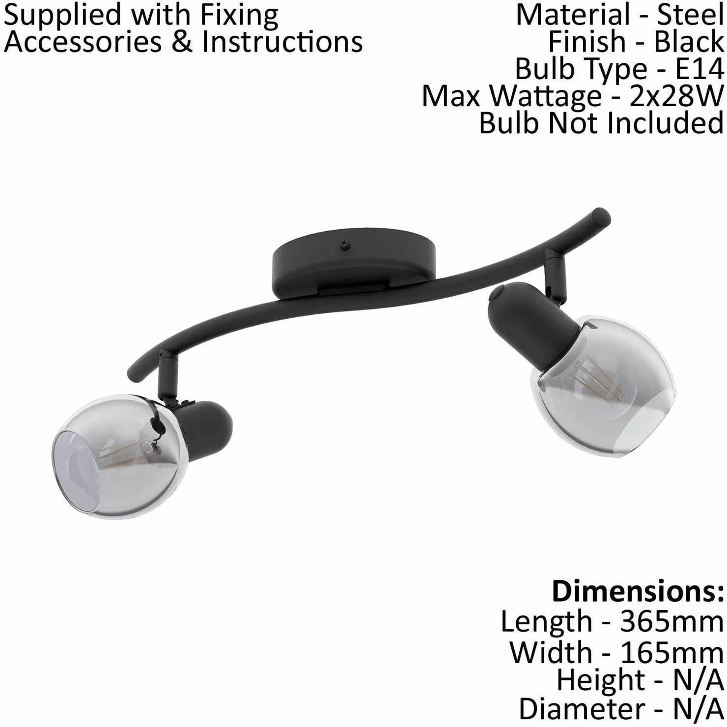 Loops Twin Ceiling Spotlight and 2x Matching Wall Lights in Black with Transparent Vaporised Glass – 2