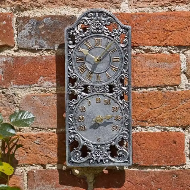Garden Mile Westminster Antique Silver Wall Clock and Thermometer with Quartz Movement