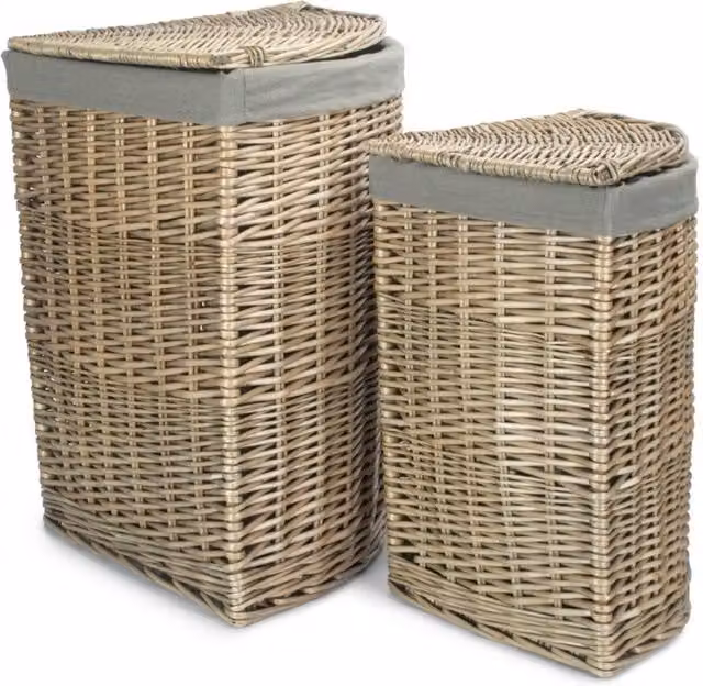 Red Hamper Set of 2 Antique Wash Corner Linen Baskets with Grey Sage Cotton Lining in Natural Fibre