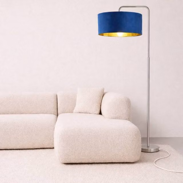 CGC Lighting Kyra Angled Floor Lamp in Brushed Nickel with 45 cm Navy Blue Velvet Lampshade – 1
