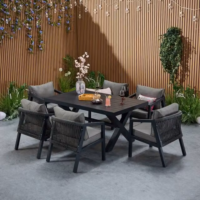 FURNITURE ONE 7 Piece Aluminium Patio Furniture Set with Dining Table in Matt Dark Grey