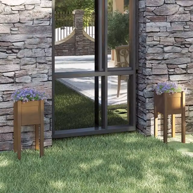 Berkfield Home Garden Planters, 2 Piece Set, Brown, Solid Wood, W/D/H: 31 x 31 x 70 cm – 1