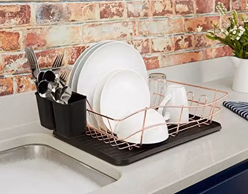 Tower Stainless Steel Dish Rack with Drip Tray and 2 Removable Cutlery Holders, Black and Gold, T81400RB – 2