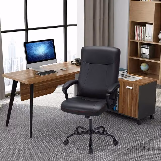 Costway Modern Black Synthetic Leather Swivel Task Chair with Armrests for Home Office