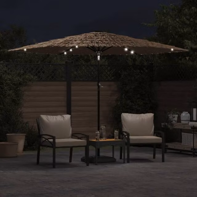 Berkfield Home Garden Parasol with LEDs and Steel Pole, Brown and Beige, W/D: 288 x 288 cm