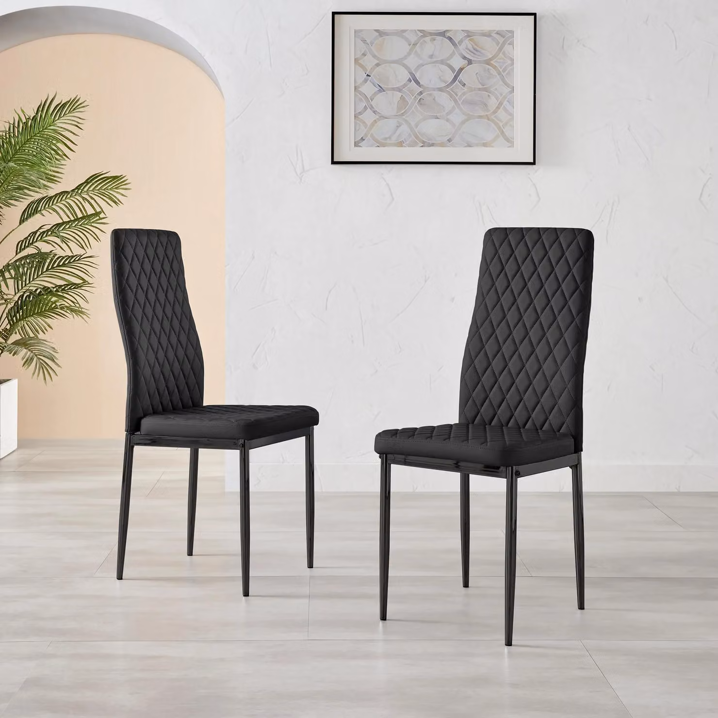 FurnitureboxUK Set of 6 Milan High Back Diamond Pattern Faux Leather Dining Chairs in Black with Black Metal Legs – 2