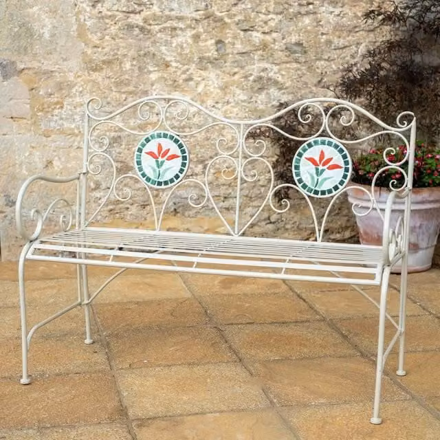 Ascalon Design Ltd Floral Mosaic Bench in Beige, W: 115 cm, D: 46 cm, H: 91 cm
